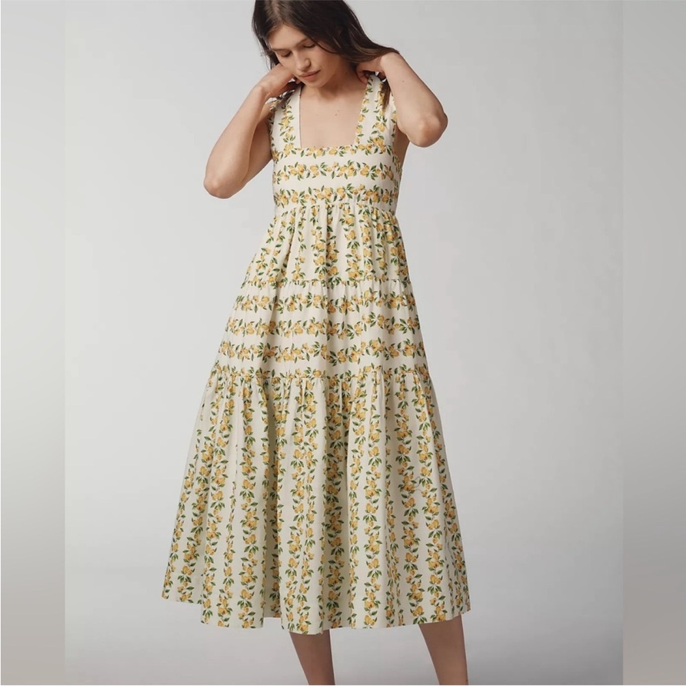 NWT Anthropologie - The Helena Square-Neck Smocked Tiered Midi Dress Lemon 🍋